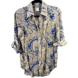 Finley Blue Paisley Roll-tab Button-up Blouse SZXS Office Career Workwear